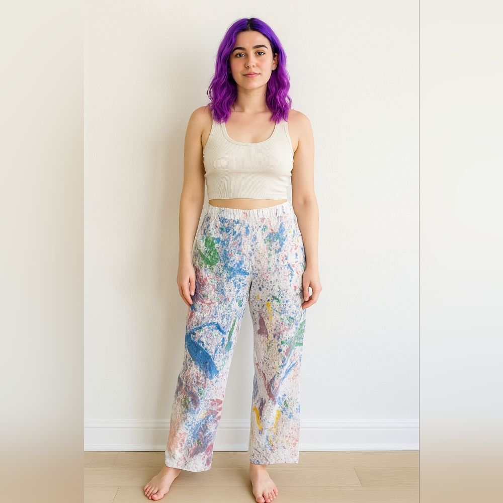 Handmade Eyelet Paint Splatter Pants White Lined Vintage Inspired Wide Leg Artsy